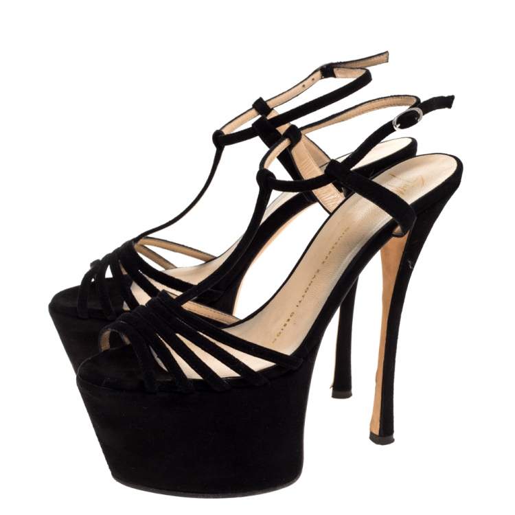 Pre Owned Giuseppe Zanotti Black Suede Leather T-Strap Platform Sandals Size 37