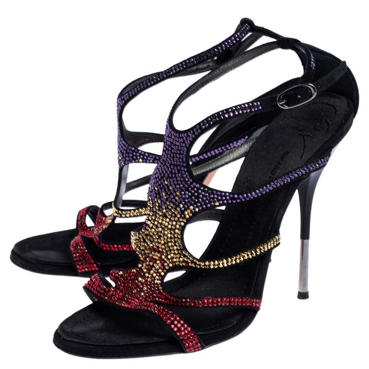 Pre Owned Giuseppe Zanotti Black Multicolor Crystal Embellished Suede Cut Out Sandals Size 37