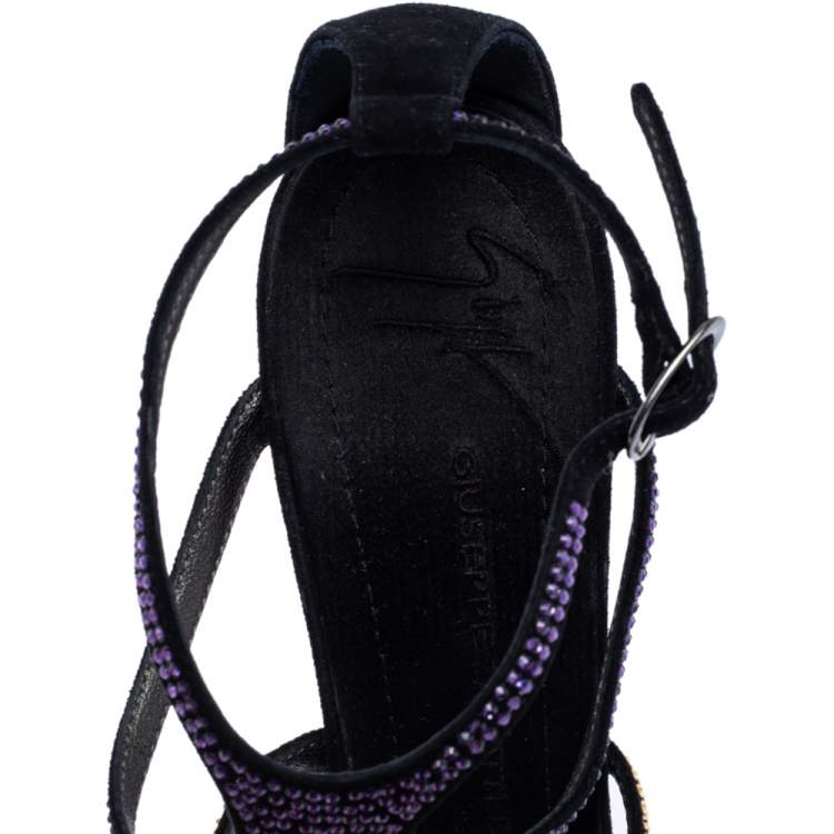 Pre Owned Giuseppe Zanotti Black Multicolor Crystal Embellished Suede Cut Out Sandals Size 37