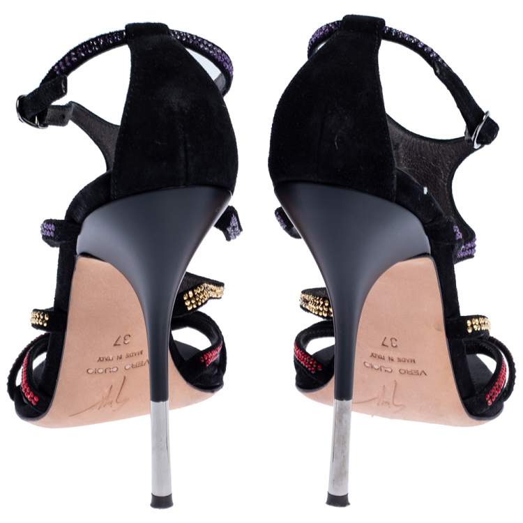 Pre Owned Giuseppe Zanotti Black Multicolor Crystal Embellished Suede Cut Out Sandals Size 37