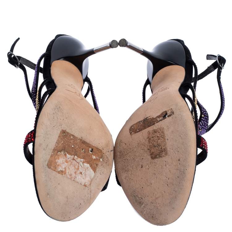 Pre Owned Giuseppe Zanotti Black Multicolor Crystal Embellished Suede Cut Out Sandals Size 37