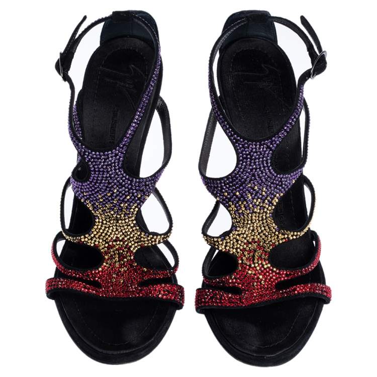 Pre Owned Giuseppe Zanotti Black Multicolor Crystal Embellished Suede Cut Out Sandals Size 37