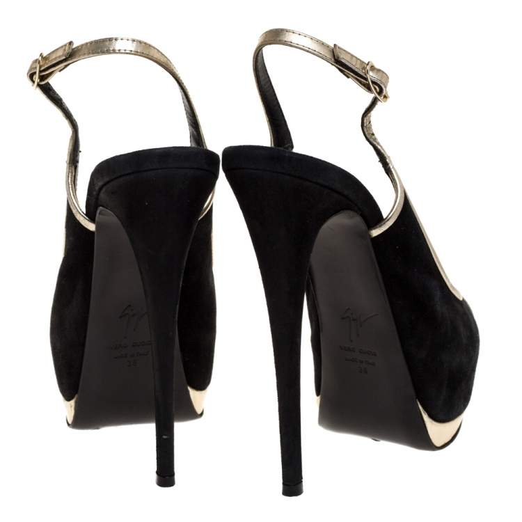 Pre Owned Guiseppe Zannotti Black Suede And Silver Leather Trim Peep Toe Slingback Platform Sandals Size 38