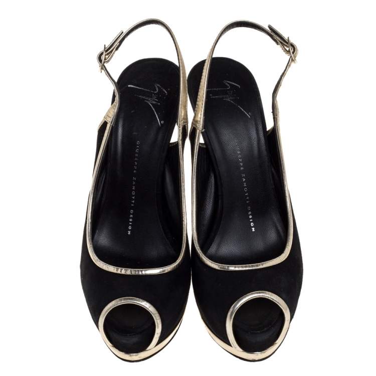 Pre Owned Guiseppe Zannotti Black Suede And Silver Leather Trim Peep Toe Slingback Platform Sandals Size 38