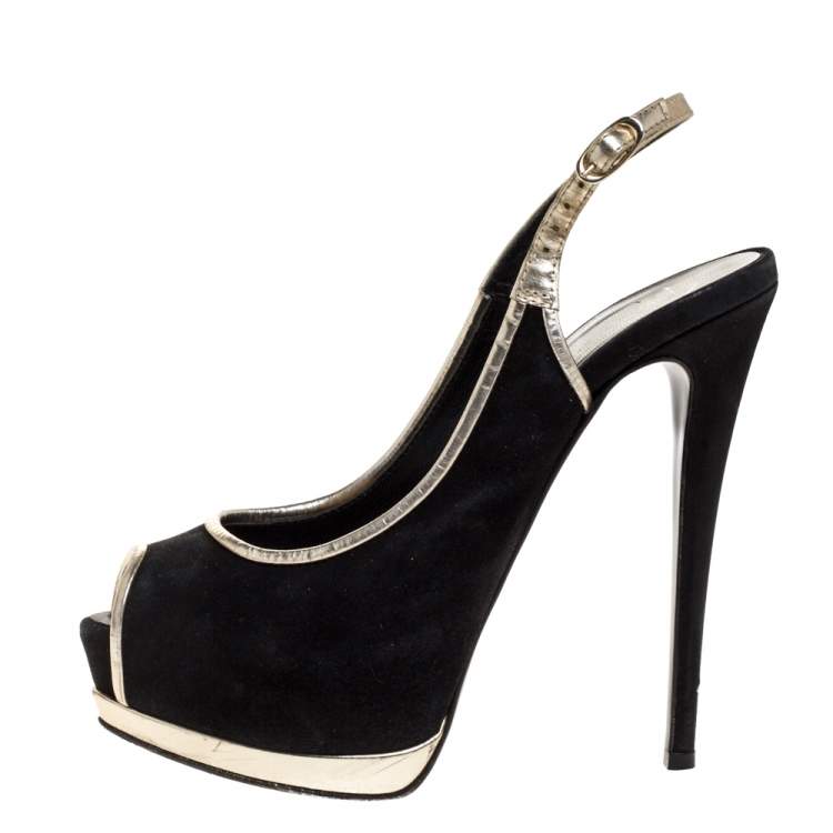 Pre Owned Guiseppe Zannotti Black Suede And Silver Leather Trim Peep Toe Slingback Platform Sandals Size 38