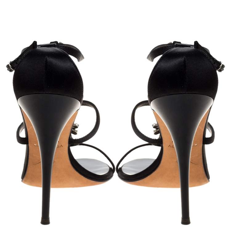 Pre Owned Giuseppe Zanotti Black Satin Crystal Embellished Strappy Sandals Size 37