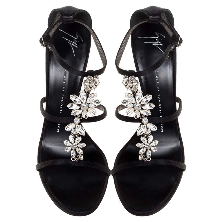 Pre Owned Giuseppe Zanotti Black Satin Crystal Embellished Strappy Sandals Size 37