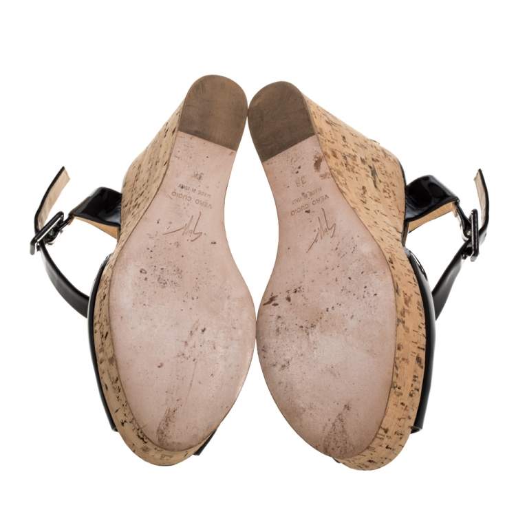 Pre Owned Giuseppe Zanotti Black Patent Leather Cork Platform Wedge Sandals Size 38