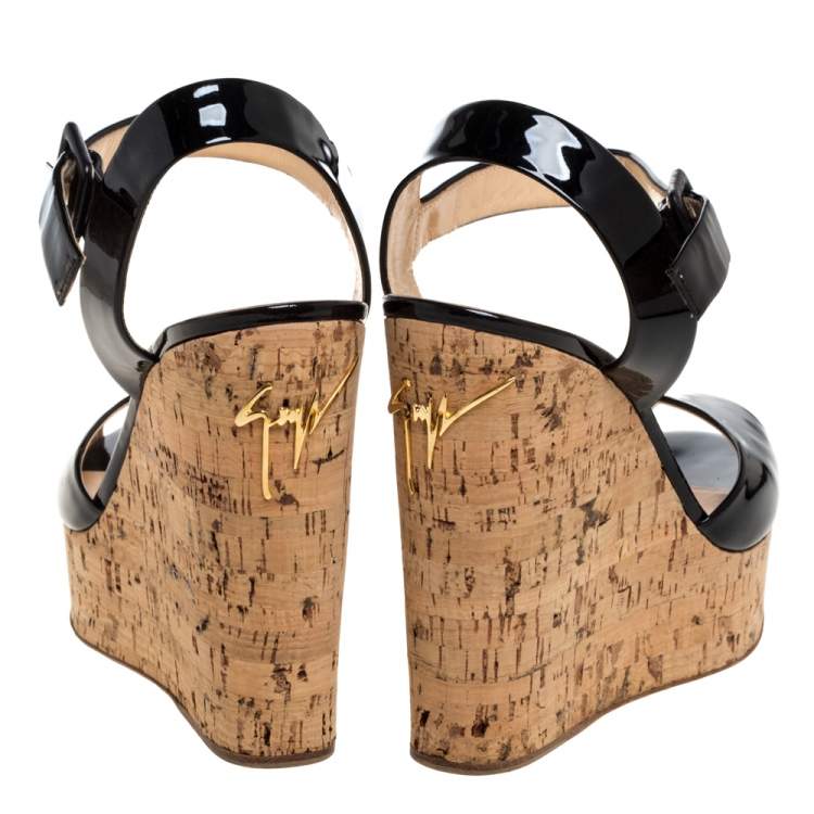 Pre Owned Giuseppe Zanotti Black Patent Leather Cork Platform Wedge Sandals Size 38