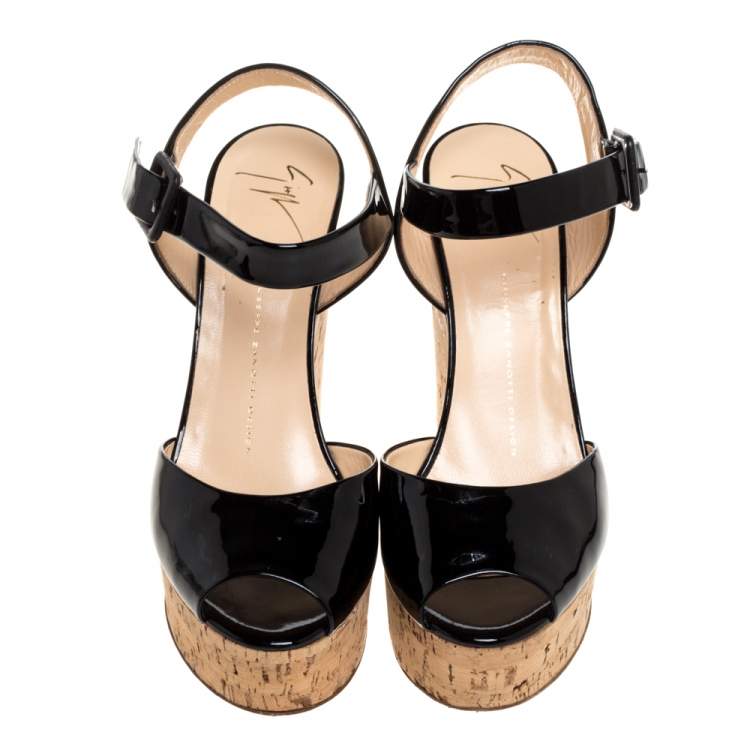 Pre Owned Giuseppe Zanotti Black Patent Leather Cork Platform Wedge Sandals Size 38