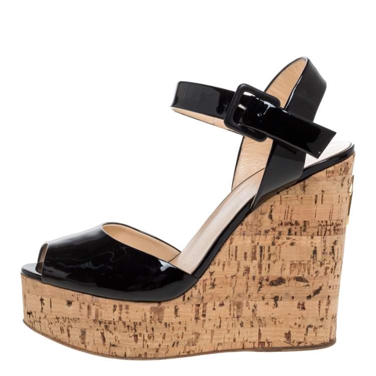 Pre Owned Giuseppe Zanotti Black Patent Leather Cork Platform Wedge Sandals Size 38