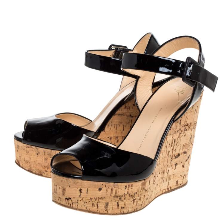 Pre Owned Giuseppe Zanotti Black Patent Leather Cork Platform Wedge Sandals Size 38