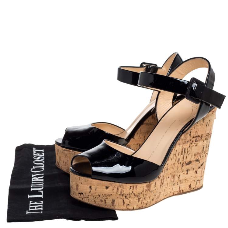 Pre Owned Giuseppe Zanotti Black Patent Leather Cork Platform Wedge Sandals Size 38