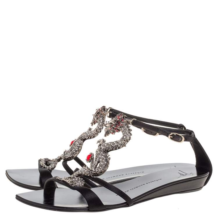 Pre Owned Giuseppe Zanotti Black Satin Crystal Embellished Dragon Ankle Strap Flat Sandals Size 39