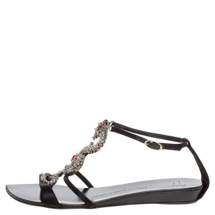 Giuseppe Zanotti Black Satin Crystal Embellished Dragon Ankle