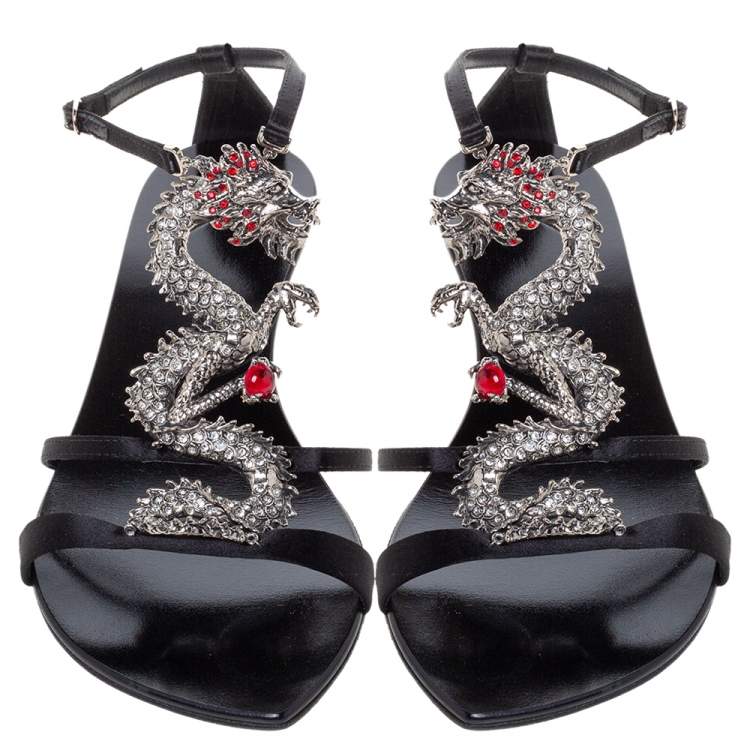Pre Owned Giuseppe Zanotti Black Satin Crystal Embellished Dragon Ankle Strap Flat Sandals Size 39
