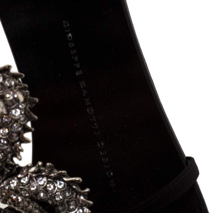 Pre Owned Giuseppe Zanotti Black Satin Crystal Embellished Dragon Ankle Strap Flat Sandals Size 39