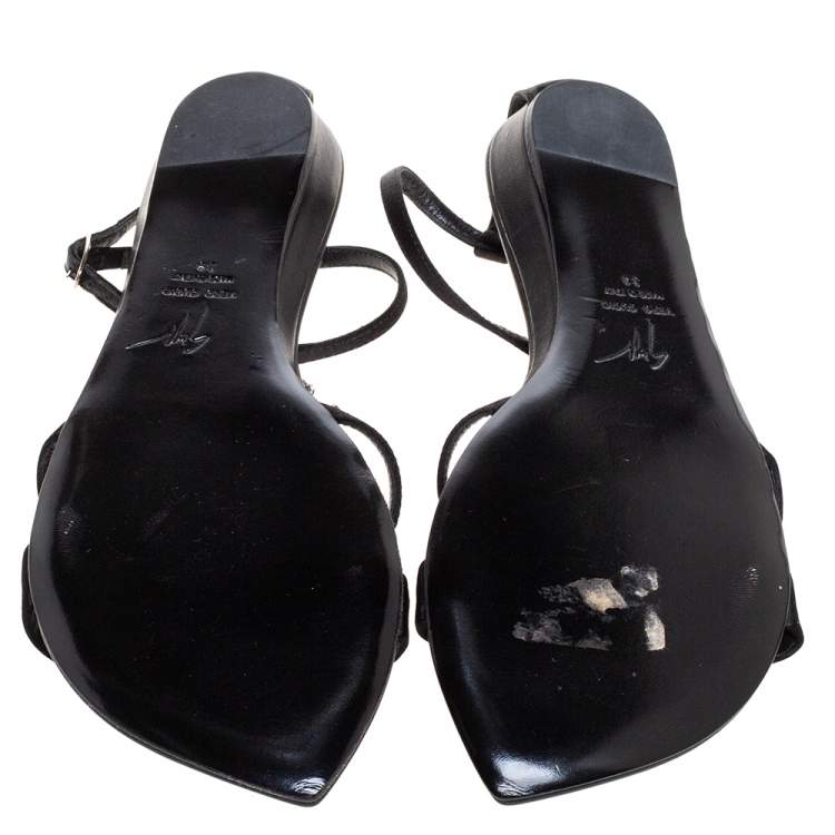 Pre Owned Giuseppe Zanotti Black Satin Crystal Embellished Dragon Ankle Strap Flat Sandals Size 39