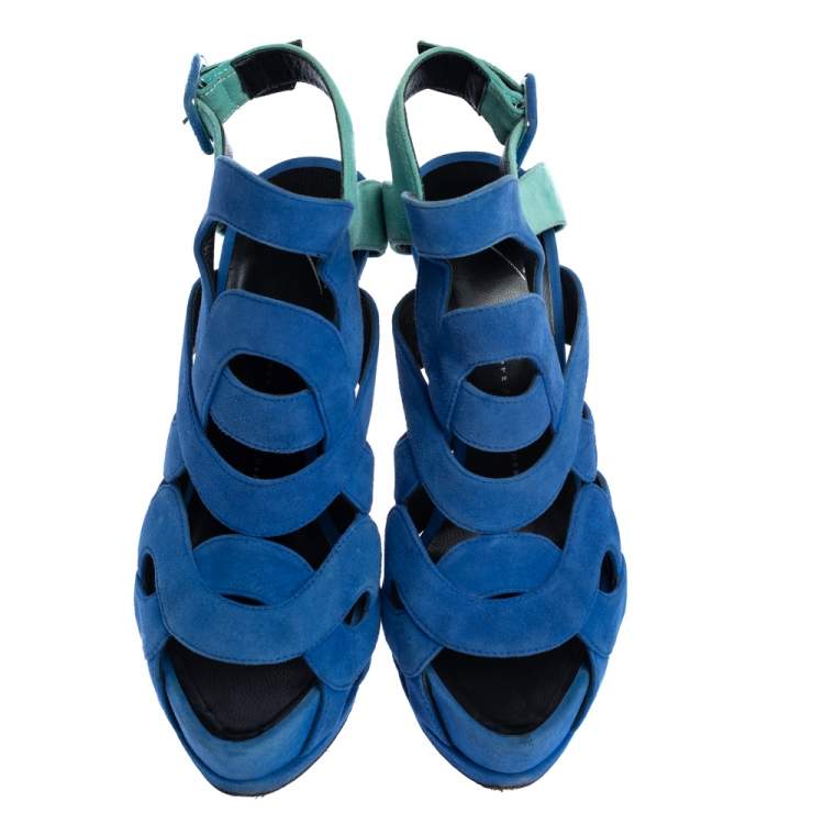 Pre Owned Giuseppe Zanotti Blue Suede Cutout Caged Slingback Sandals Size 40