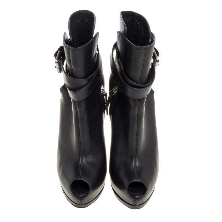 Pre Owned Giuseppe Zanotti Black Leather Peep Toe Platform Ankle Booties Size 39