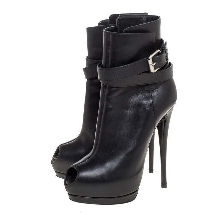 Pre Owned Giuseppe Zanotti Black Leather Peep Toe Platform Ankle Booties Size 39