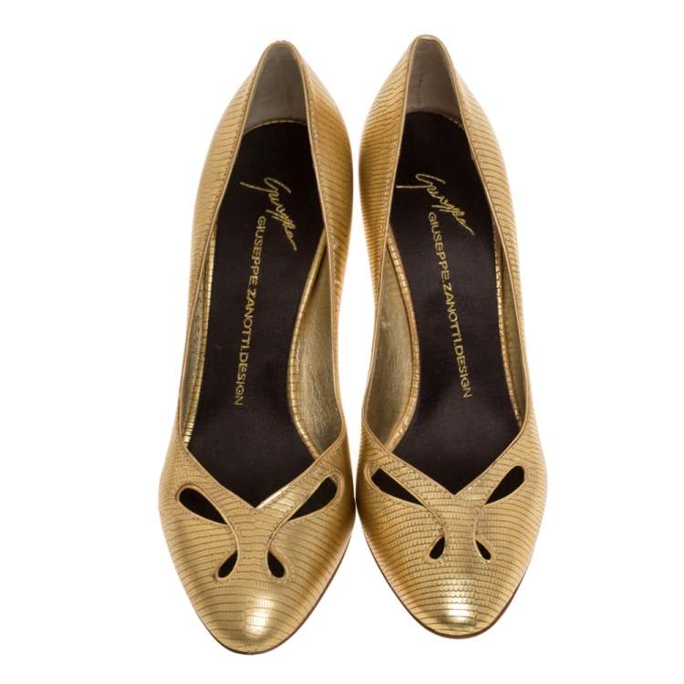 Pre Owned Giuseppe Zanotti Metallic Gold Lizard Embossed Leather Cut Out Pumps Size 37.5