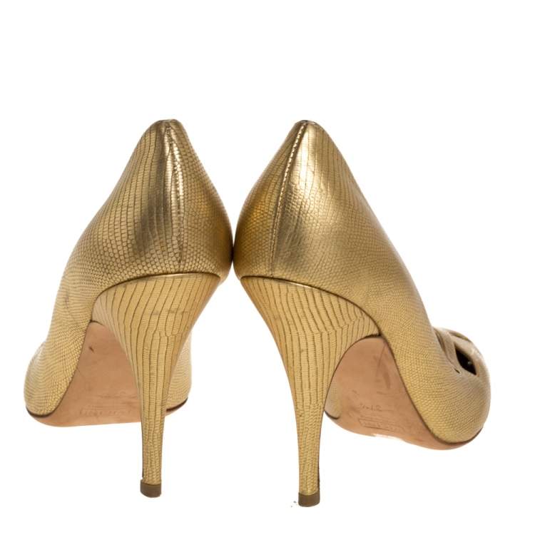 Pre Owned Giuseppe Zanotti Metallic Gold Lizard Embossed Leather Cut Out Pumps Size 37.5