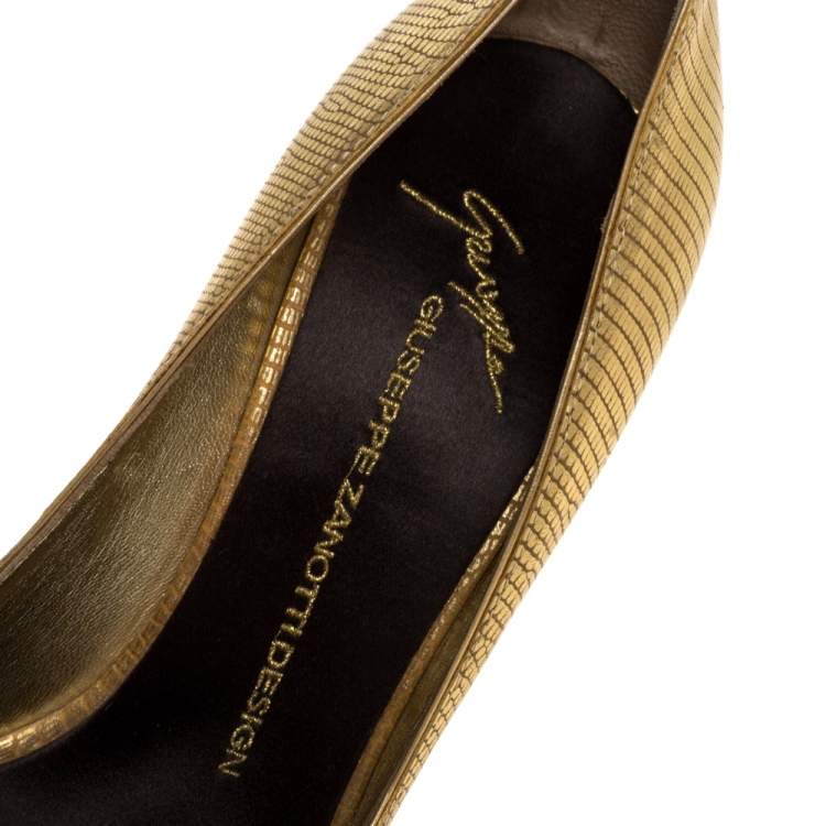 Pre Owned Giuseppe Zanotti Metallic Gold Lizard Embossed Leather Cut Out Pumps Size 37.5