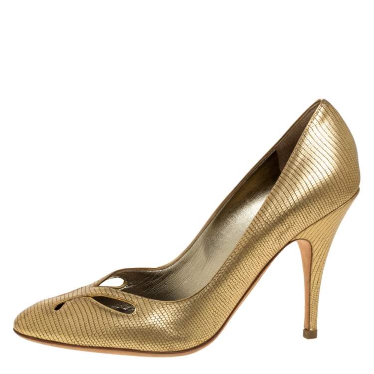 Pre Owned Giuseppe Zanotti Metallic Gold Lizard Embossed Leather Cut Out Pumps Size 37.5