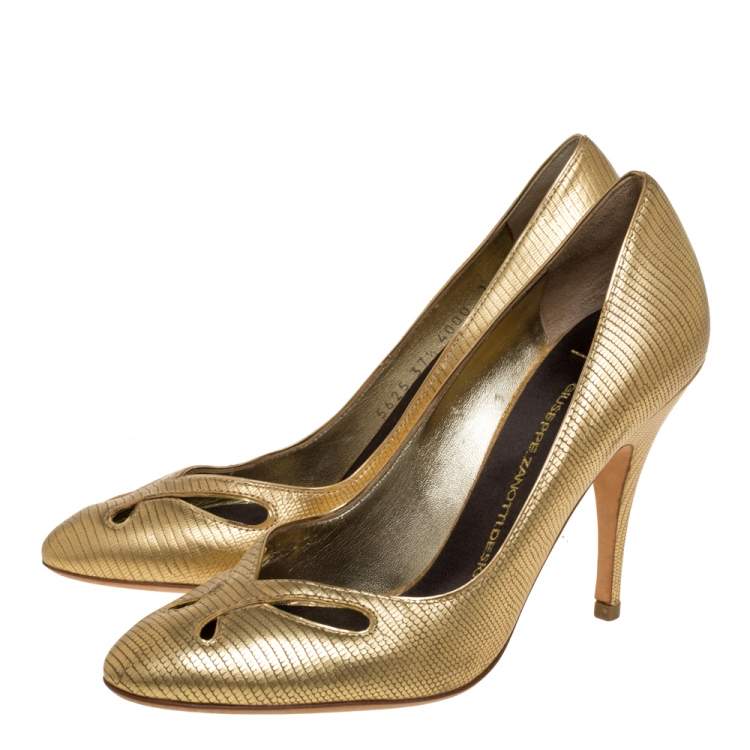 Pre Owned Giuseppe Zanotti Metallic Gold Lizard Embossed Leather Cut Out Pumps Size 37.5