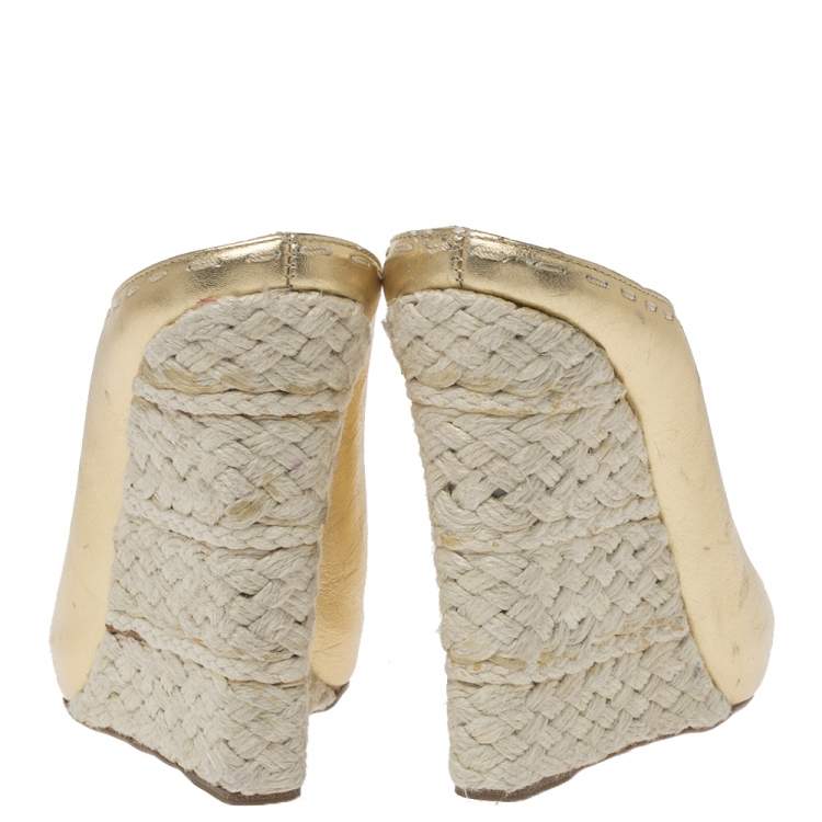 Pre Owned Giuseppe Zanotti Gold Leather Espadrille Wedge Peep Toe Mules Size 37