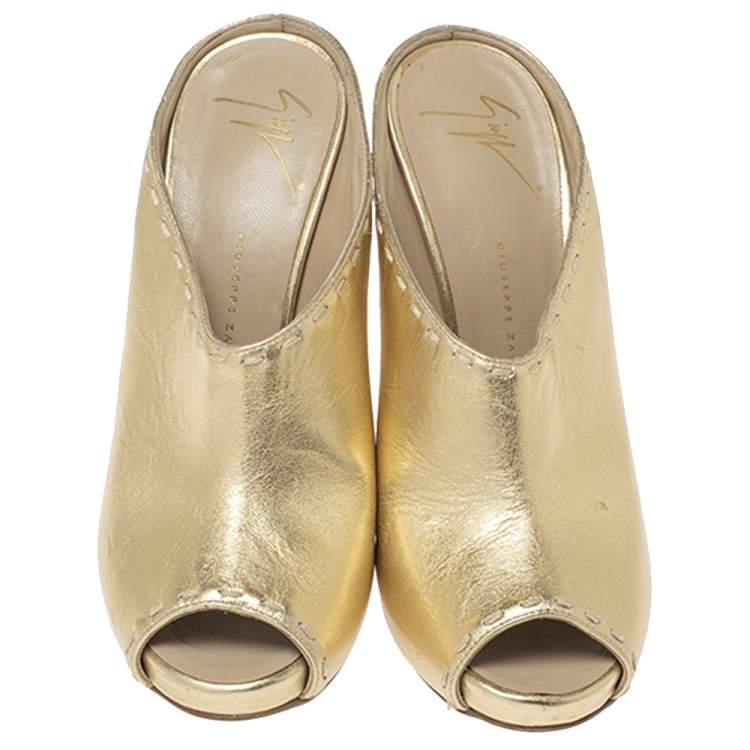 Pre Owned Giuseppe Zanotti Gold Leather Espadrille Wedge Peep Toe Mules Size 37