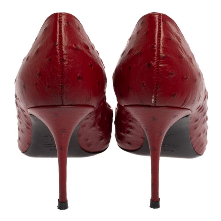 Pre Owned Giuseppe Zanotti Red Ostrich Embossed Leather Lucrezia Pointed Toe Pumps Size 37.5