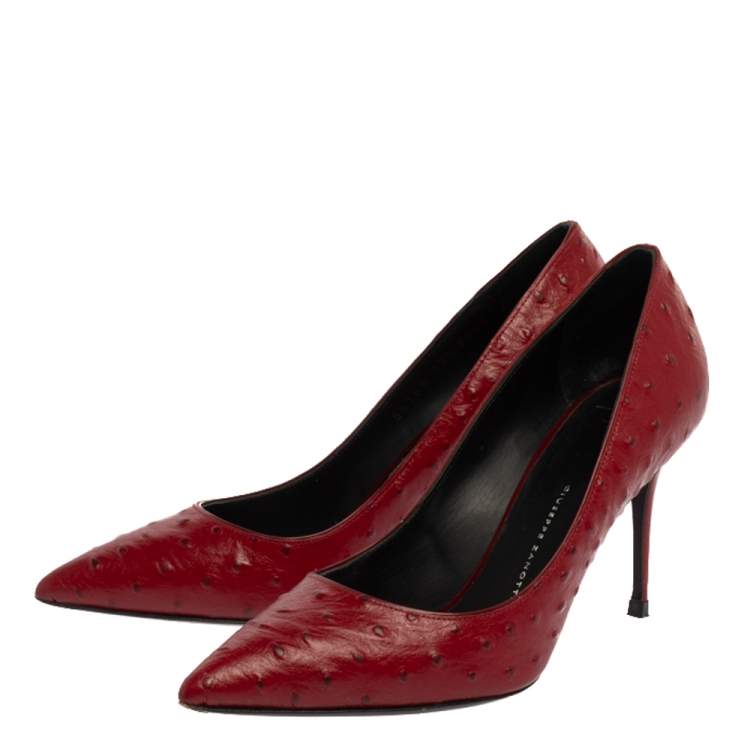 Pre Owned Giuseppe Zanotti Red Ostrich Embossed Leather Lucrezia Pointed Toe Pumps Size 37.5