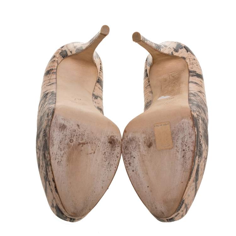 Pre Owned Giuseppe Zanotti Beige Lizard Embossed Leather Monro Peep Toe Platform Pumps Size 39