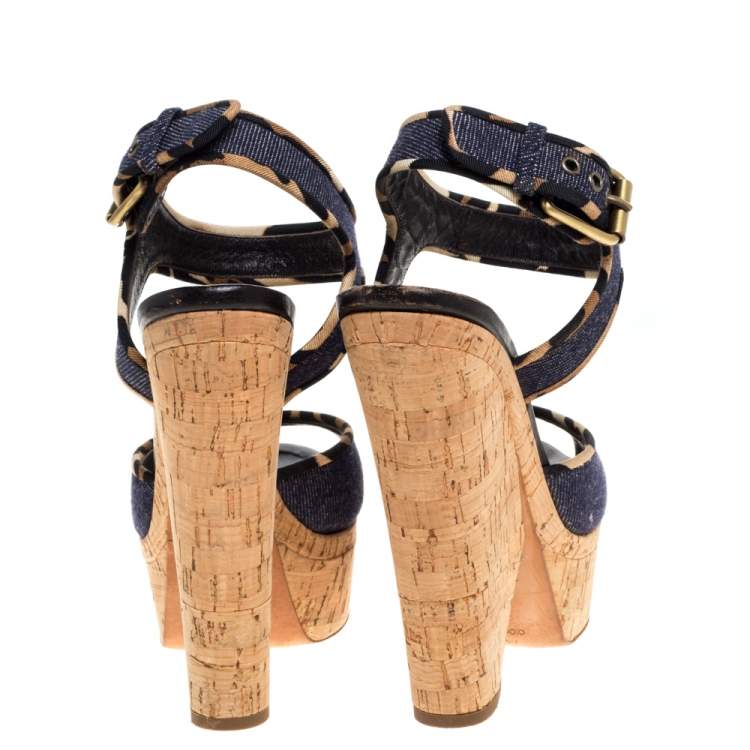 Pre Owned Giuseppe Zanotti Dark Wash Denim Cork Heel Platform Wedge Sandals Size 39