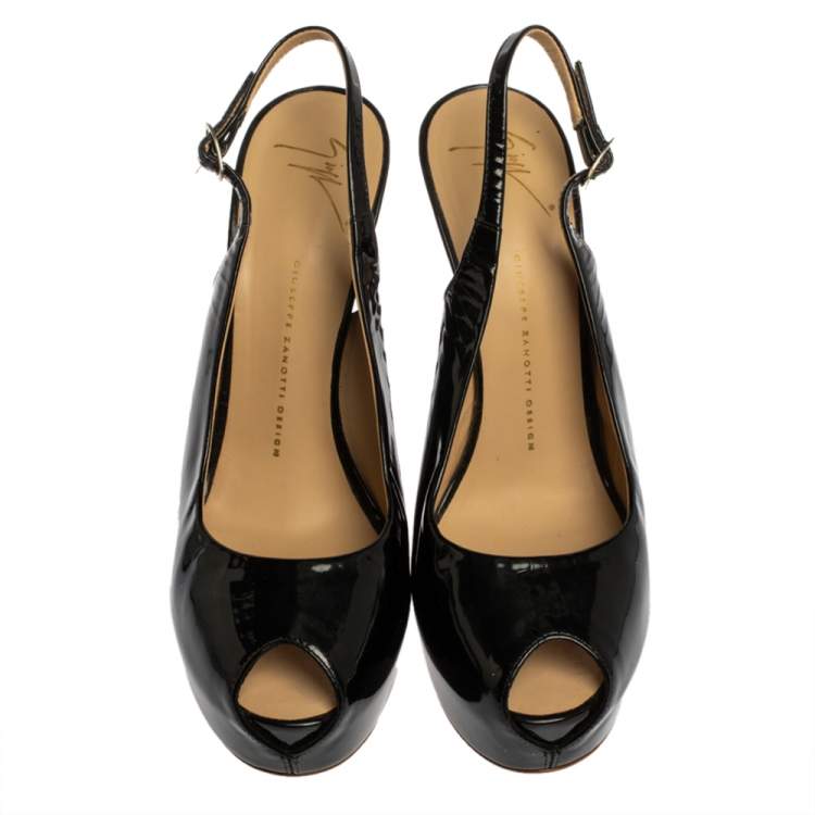 Pre Owned Giuseppe Zanotti Black Patent Leather Peep Toe Slingback Platform Sandals Size 41