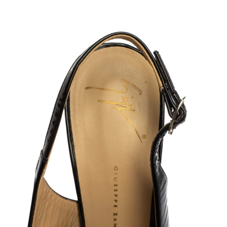 Pre Owned Giuseppe Zanotti Black Patent Leather Peep Toe Slingback Platform Sandals Size 41