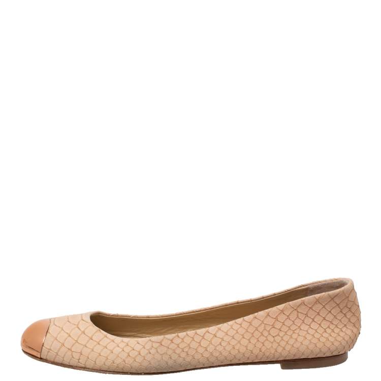 Pre Owned Giuseppe Zanotti Beige Python Embossed Suede Malika Cap Toe Ballet Flats Size 36.5