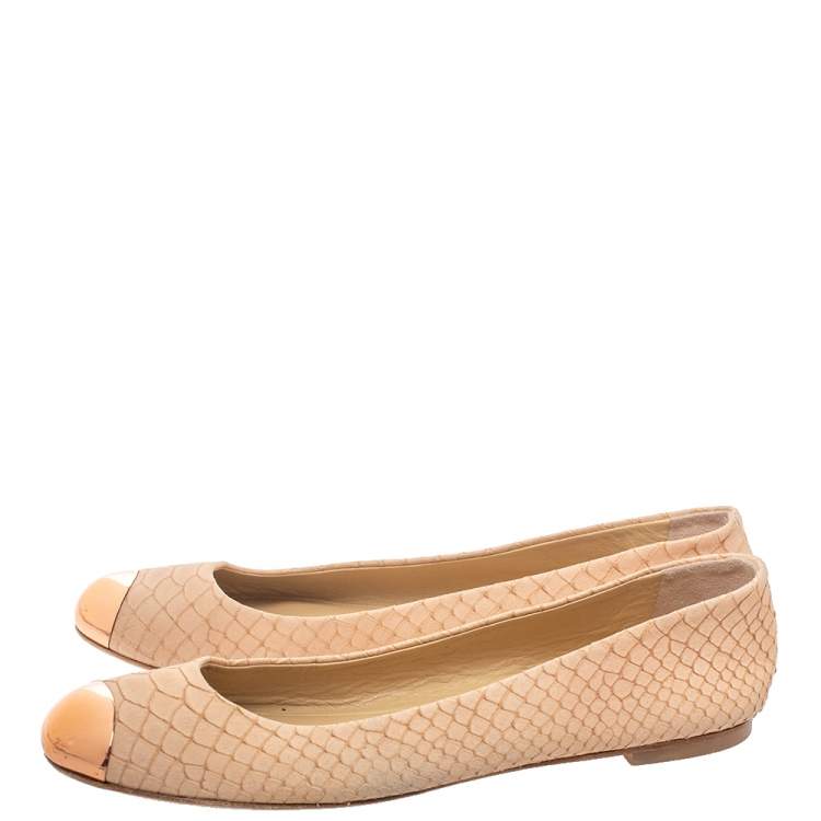 Pre Owned Giuseppe Zanotti Beige Python Embossed Suede Malika Cap Toe Ballet Flats Size 36.5
