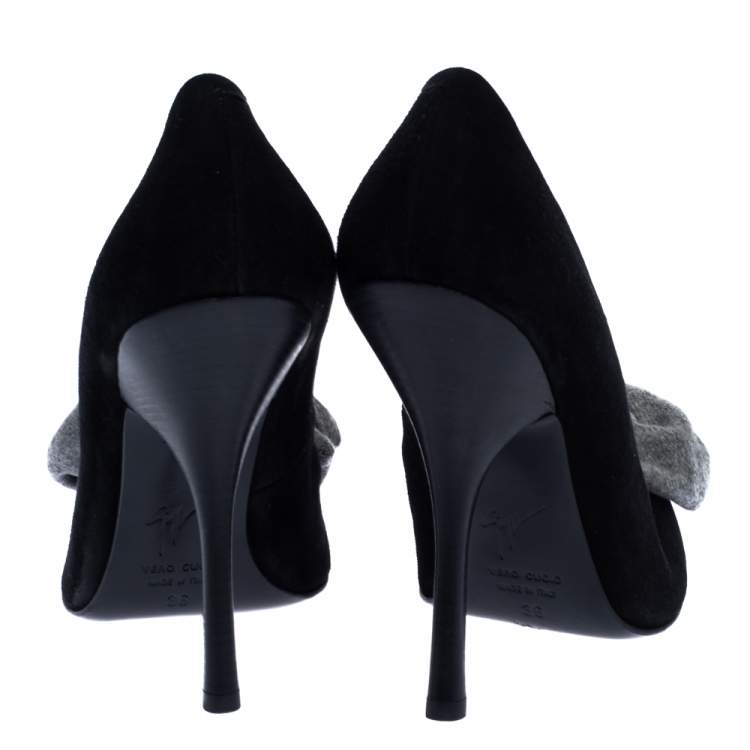 Pre Owned Giuseppe Zanotti Black/Grey Suede and Fabric Bow Pointed Toe Pumps Size 36