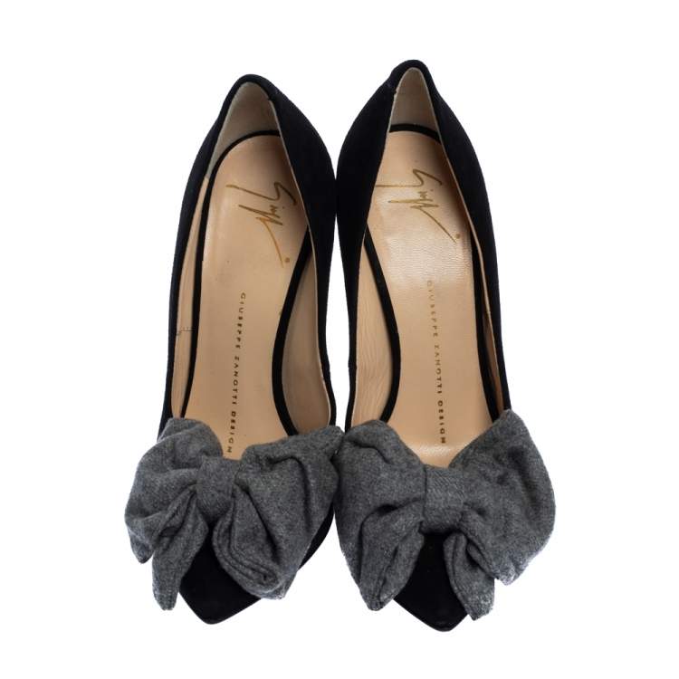 Pre Owned Giuseppe Zanotti Black/Grey Suede and Fabric Bow Pointed Toe Pumps Size 36