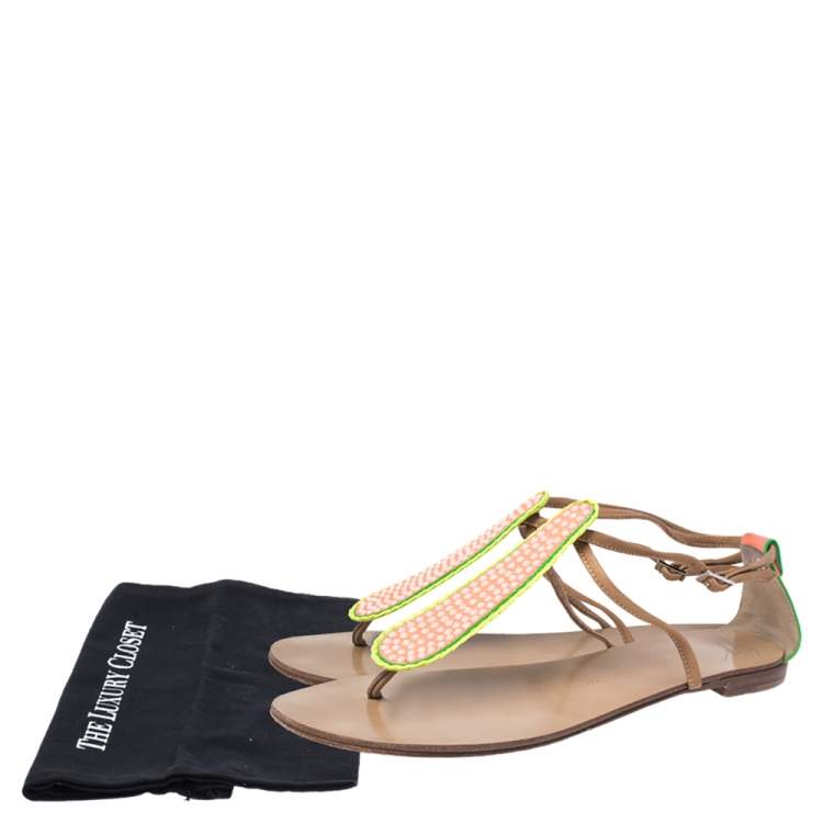 Pre Owned Giuseppe Zanotti Tricolor Leather And Glitter Embellished Thong Flat Sandals Size 41