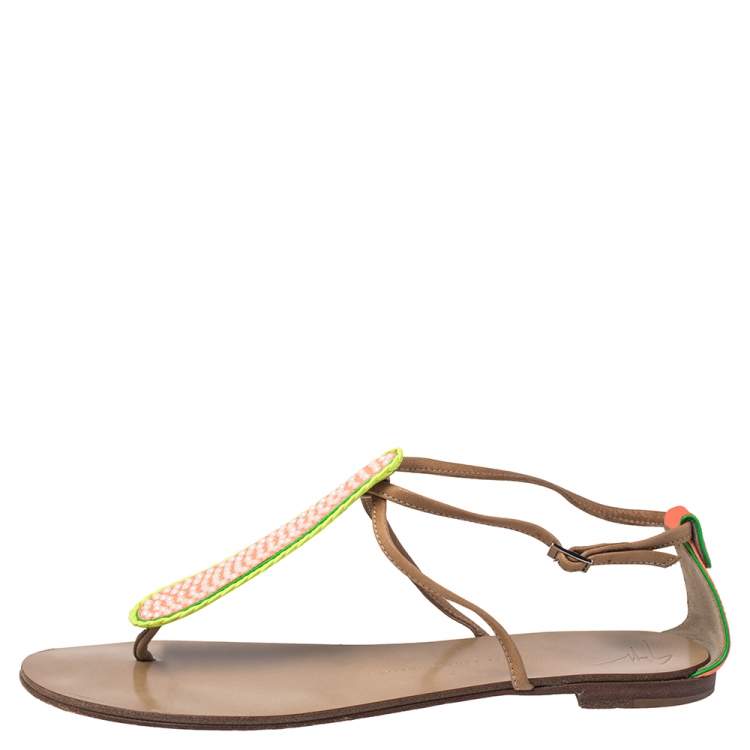 Pre Owned Giuseppe Zanotti Tricolor Leather And Glitter Embellished Thong Flat Sandals Size 41