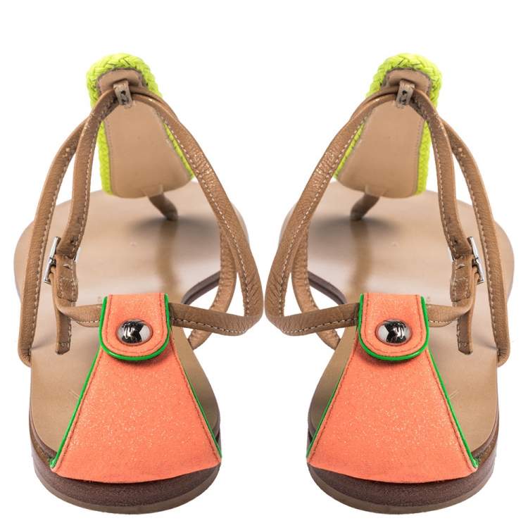 Pre Owned Giuseppe Zanotti Tricolor Leather And Glitter Embellished Thong Flat Sandals Size 41