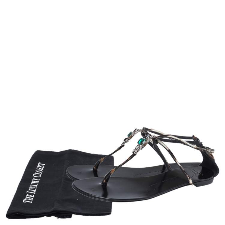 Pre Owned Giuseppe Zanotti Brown/Beige Pony Hair Crystal Embellished Strappy Flat Sandals Size 41