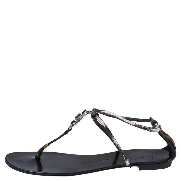 Pre Owned Giuseppe Zanotti Brown/Beige Pony Hair Crystal Embellished Strappy Flat Sandals Size 41
