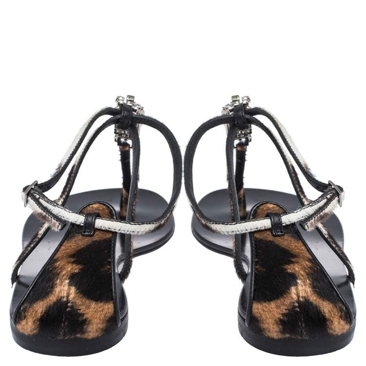 Pre Owned Giuseppe Zanotti Brown/Beige Pony Hair Crystal Embellished Strappy Flat Sandals Size 41