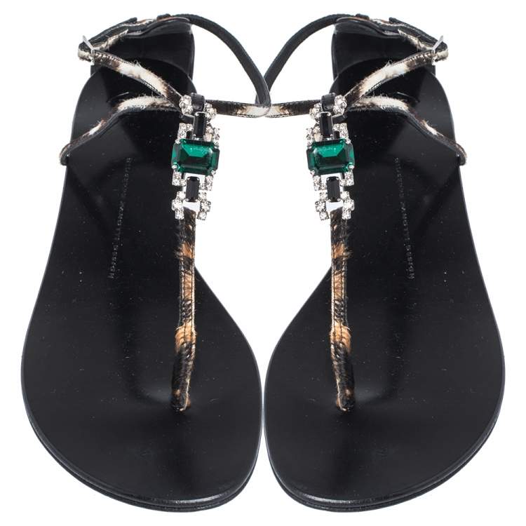 Pre Owned Giuseppe Zanotti Brown/Beige Pony Hair Crystal Embellished Strappy Flat Sandals Size 41