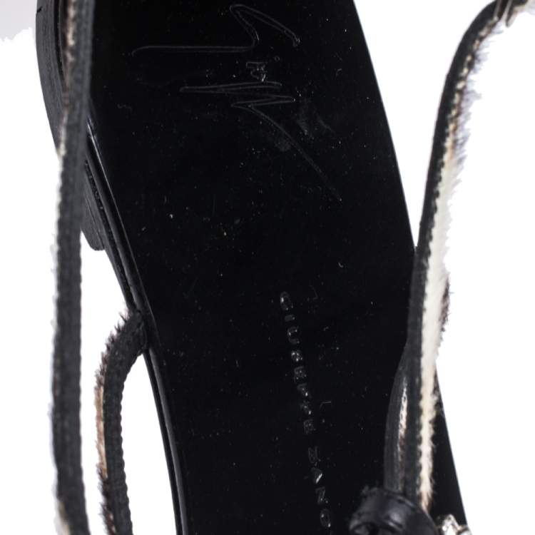 Pre Owned Giuseppe Zanotti Brown/Beige Pony Hair Crystal Embellished Strappy Flat Sandals Size 41